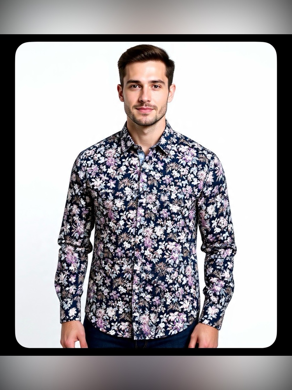 Paisley & Gray Slim Fit Floral Shirt Navy Pink Mens Linen Blend[M]